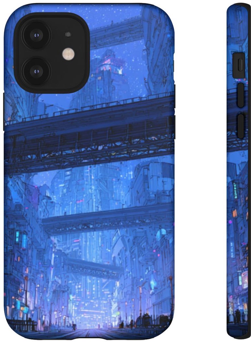 Futuristische Blauwe Stadsstraat – Telefoonhoesje Geschikt voor iPhone 12