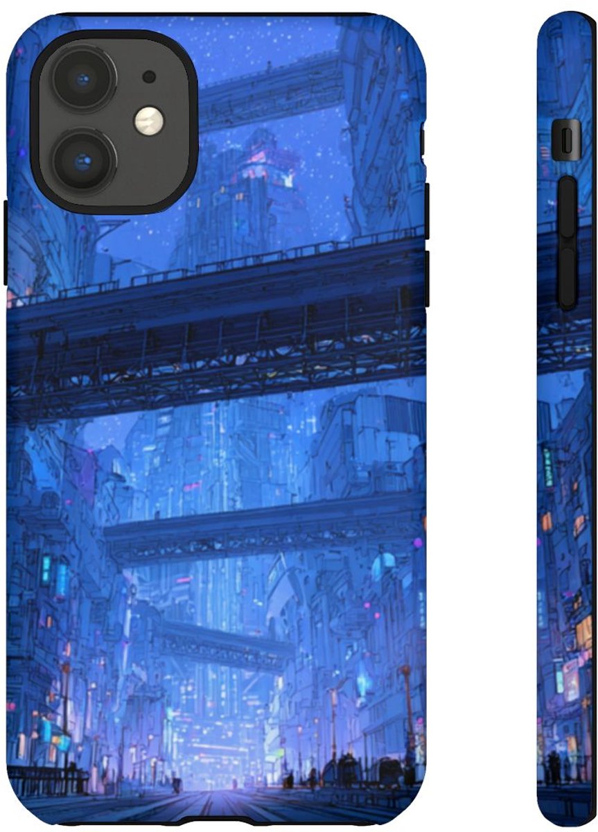 Futuristische Blauwe Stadsstraat – Telefoonhoesje Geschikt voor iPhone 11