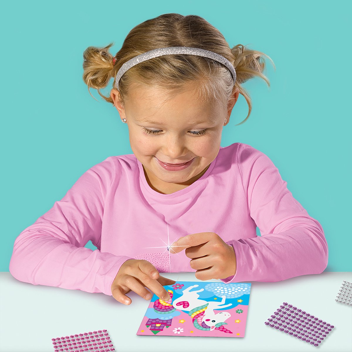 SES Creative - Hobby Pink - Diamond Painting - Vrolijke Dieren - Knutselen Meisjes - 1440 Diamant Stickers met 4 Gekleurde Kaarten - Vanaf 3 jaar — afbeelding 4