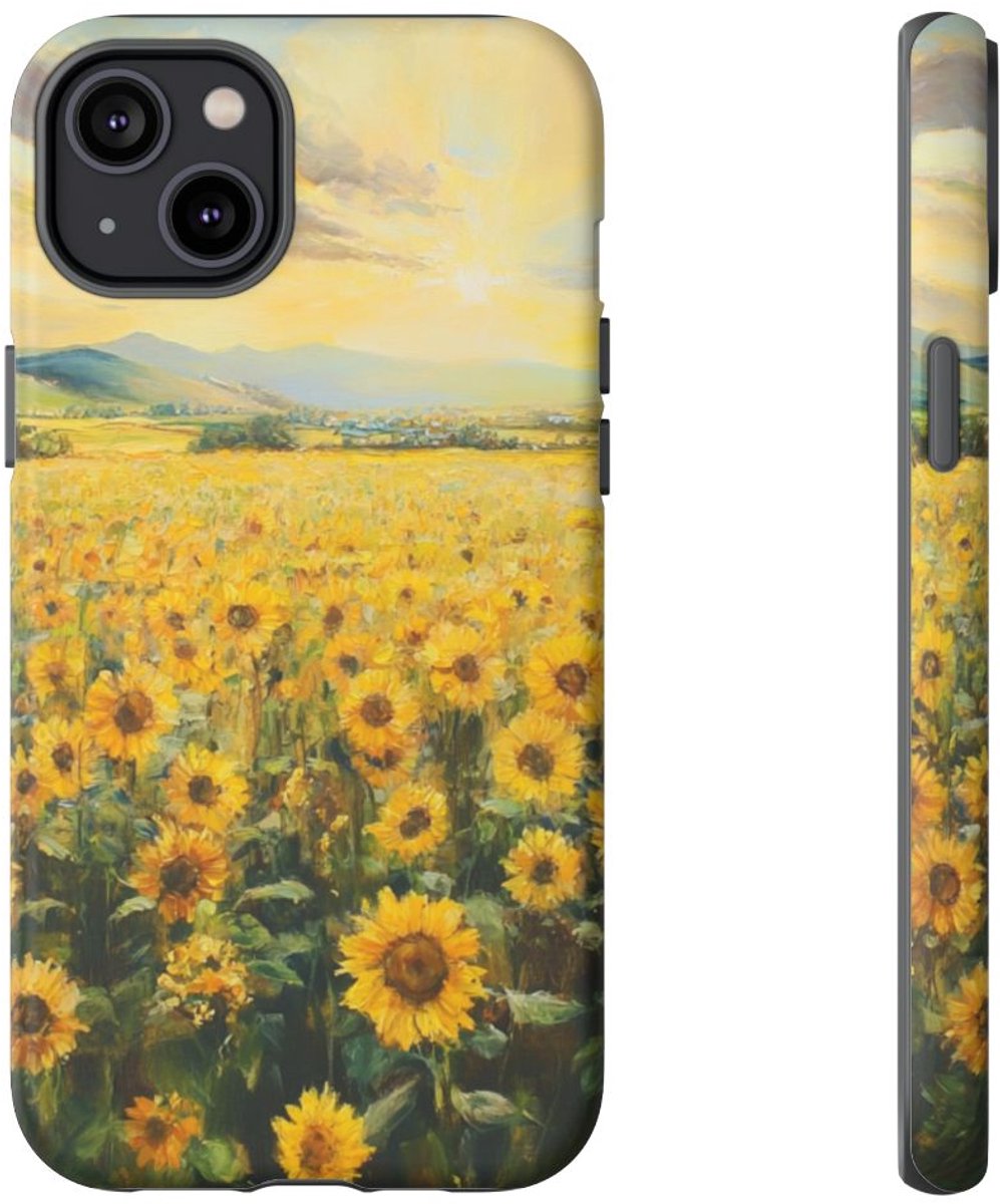 Zonnebloemenveld bij Zonsopkomst – Telefoonhoesje Geschikt voor iPhone 14 Plus