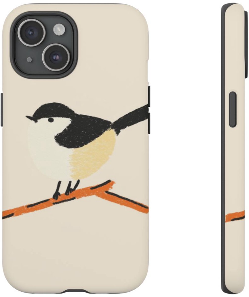 Minimalistische Vogelillustratie op Tak – Telefoonhoesje Geschikt voor iPhone 15