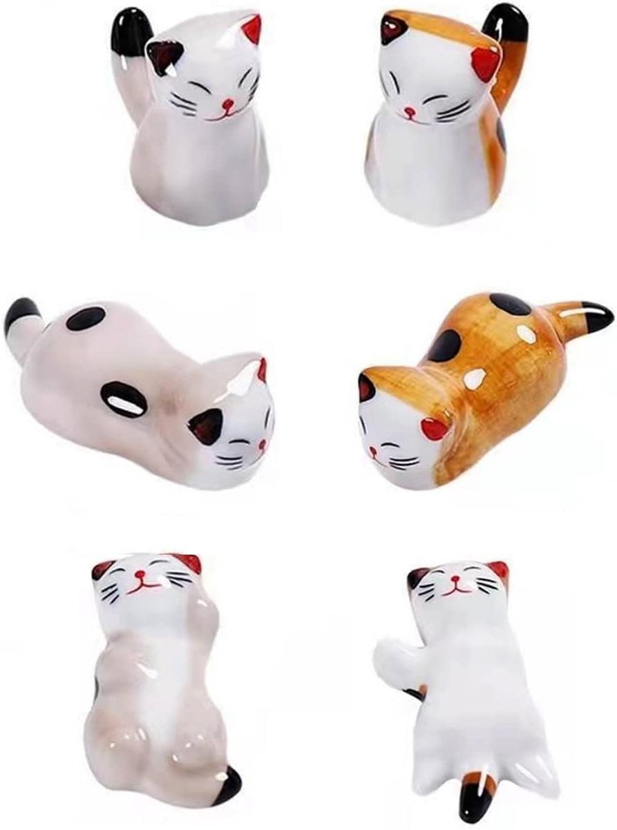 Image of 6 Stukken Schattige Kat Chopstick Houder - Bestek Rack voor Lepels, Vorken en Chopsticks (Geel en Grijs)