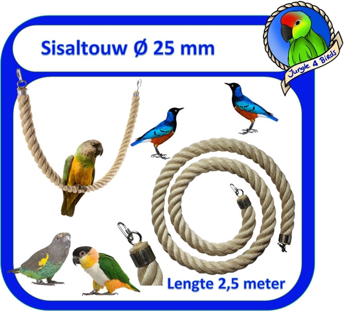 Jungle sisal Speeltouw / zit touw / vogelspeelgoed Ø 25 mm & 250 cm lang - vogeltouw - grote parkieten - kleine papegaaien - bonte boertjes -pionussen - rossela's - eekhoorns