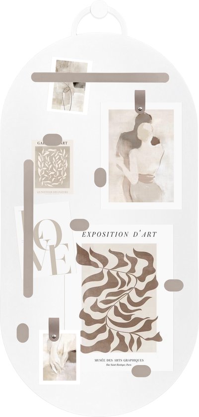 Handles and more - Magneetbord groot - XL Ovaal Wit - Leren magneten: Taupe - incl. 10 magneten - wandbord - magneetborden groot