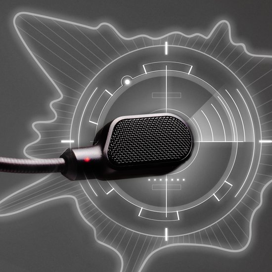 Microfoon van gaming headset, met LED-indicator en audio-golven.