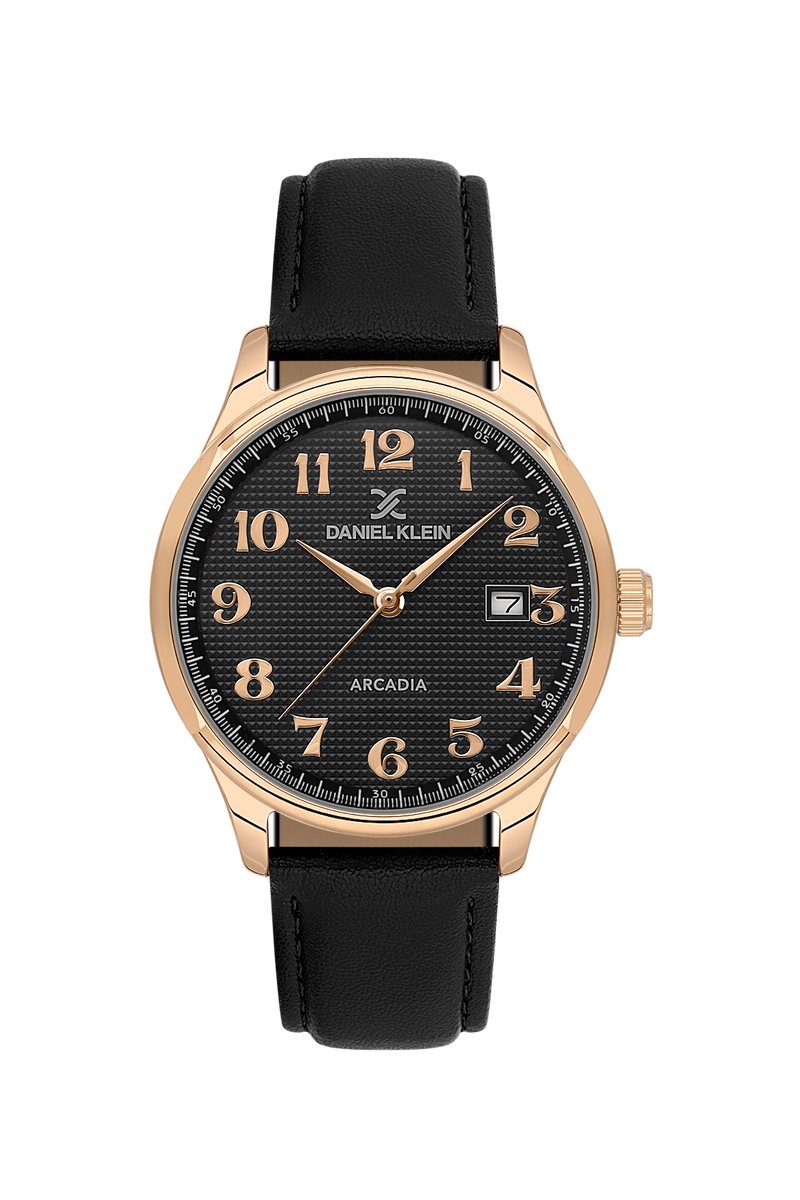 Daniel Klein DK.6.14051-4 - Horloge - Polshorloge - Analoog - Heren - Mannen - Leren band - Metaal - Rond - Cijfers - Streepjes - Datumaanduiding - Zwart - Rosékleurig- Wit