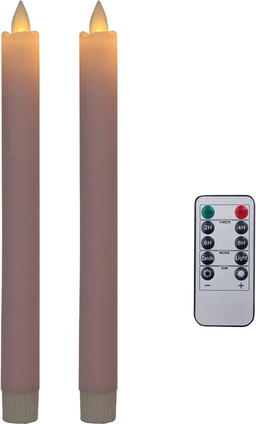 Foryouliving - LED kaarsen met bewegende vlam 2x - Roze - Pink - Afstandsbediening - Dinerkaars rustiek wax 24.5 cm - LED kaars batterij - Timer