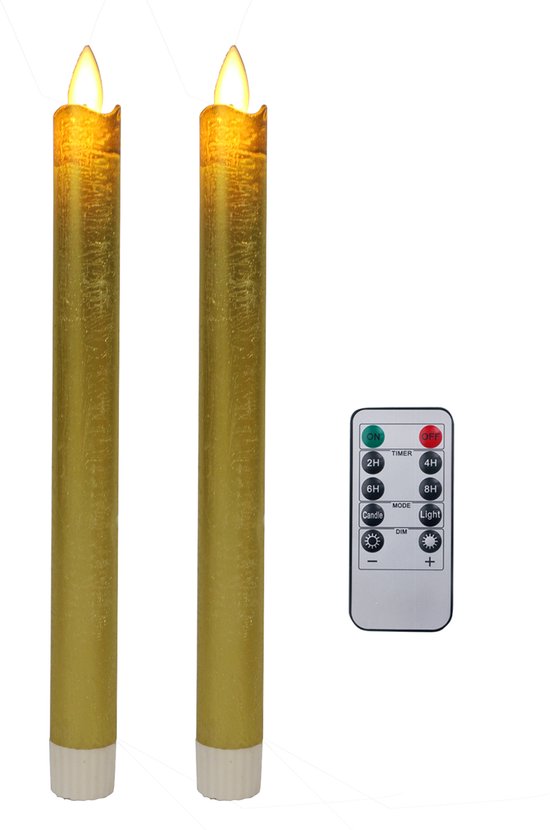 Foryouliving - LED kaarsen met bewegende vlam 2x - Goud - Gold - Afstandsbediening - Dinerkaars rustiek wax 24.5 cm - LED kaars batterij - Timer