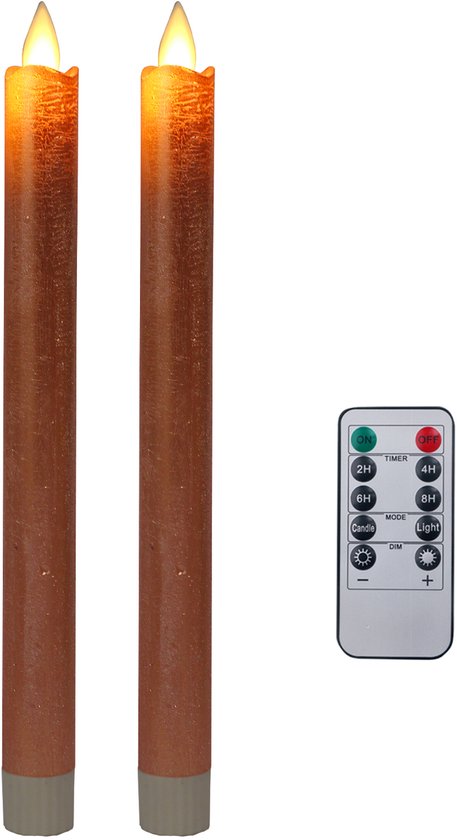 Foryouliving - LED kaarsen met bewegende vlam 2x - Koper - Copper - Afstandsbediening - Dinerkaars rustiek wax 24.5 cm - LED kaars batterij - Timer