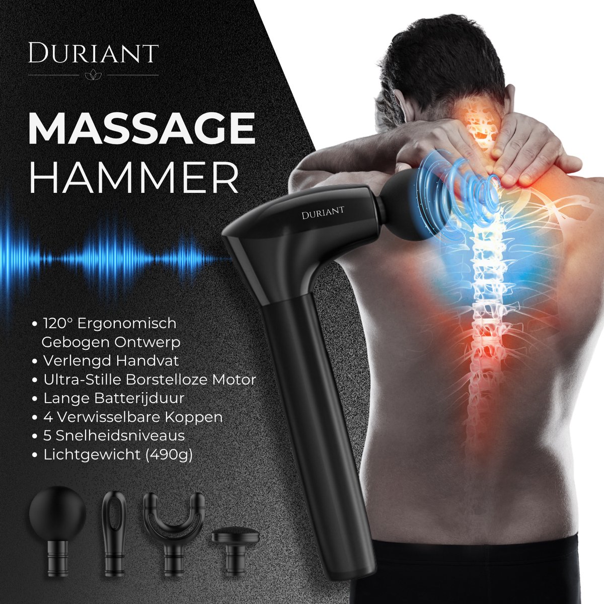 Duriant®- Massage gun professioneel-Unieke 2-in-1 Functionaliteit-Massage gun- Professioneel- Massage pistool- 4 opzetstukken- Ergonomisch Gebogen Design – Spierherstel & Ontspanning-Volledige lichaamsmassage –Overal inzetbaar- Zwart — cadeau in Sport & Outdoor - foto 3
