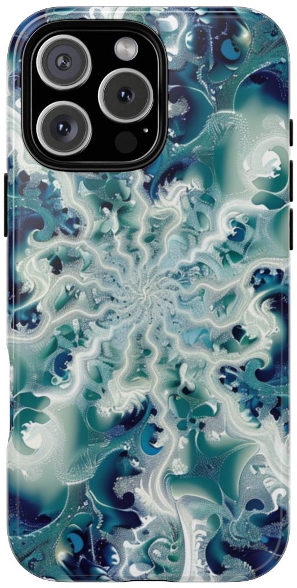 Blauw-Groene Fractalwerveling met Glans – Telefoonhoesje Geschikt voor iPhone 16 Pro Max