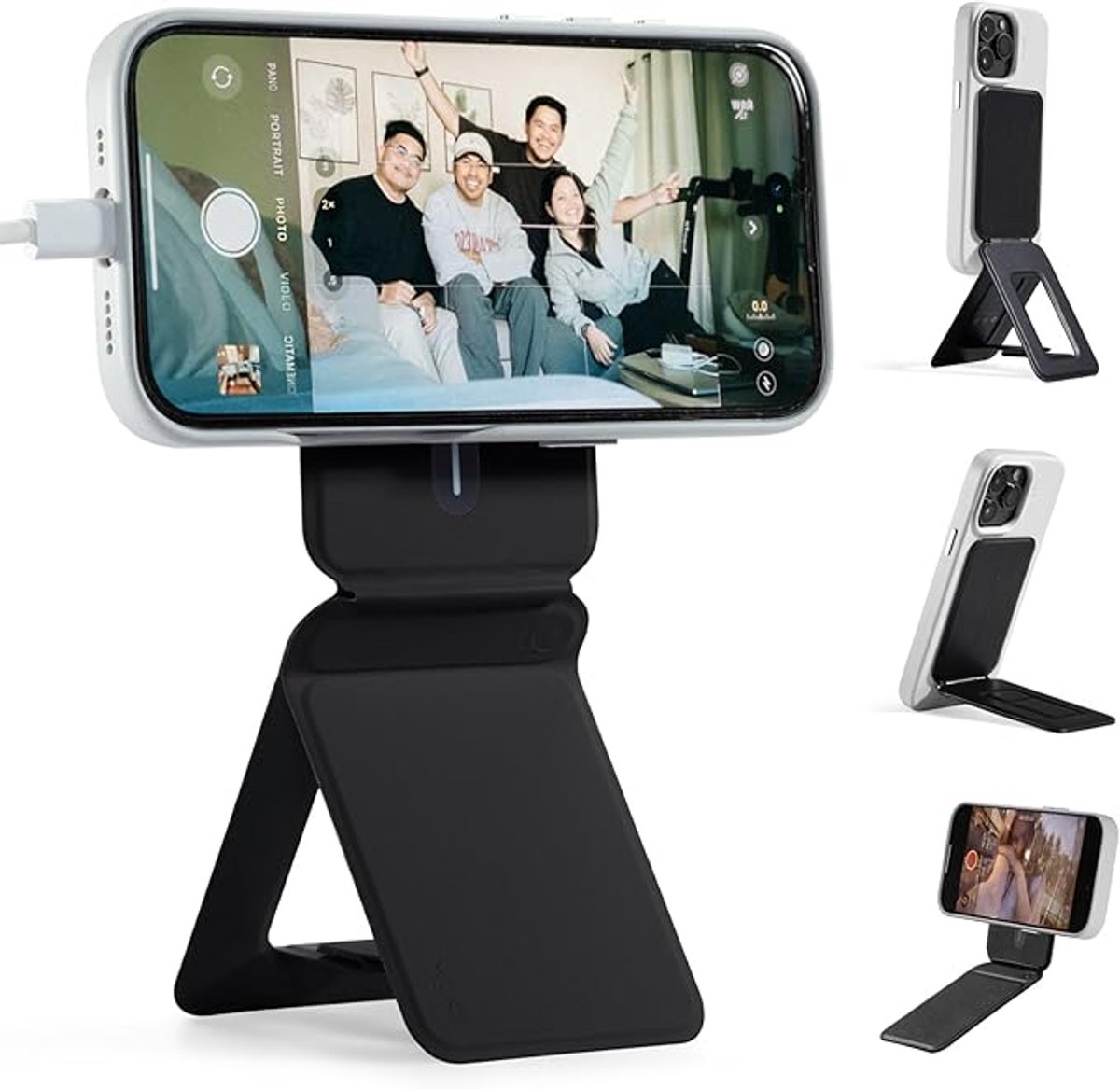 Sounix Magnetisch Telefoonstatief - Selfiestick Geschikt voor smartphone - Meerdere hoeken - Lichtgewicht - Sterke magneten - Veganistisch leer - Gitzwart