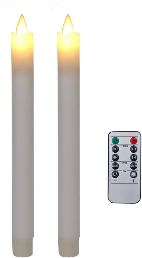 Foryouliving - LED kaarsen met bewegende vlam 2x - Wit - White - Afstandsbediening - Dinerkaars rustiek wax 24.5 cm - LED kaars batterij - Timer