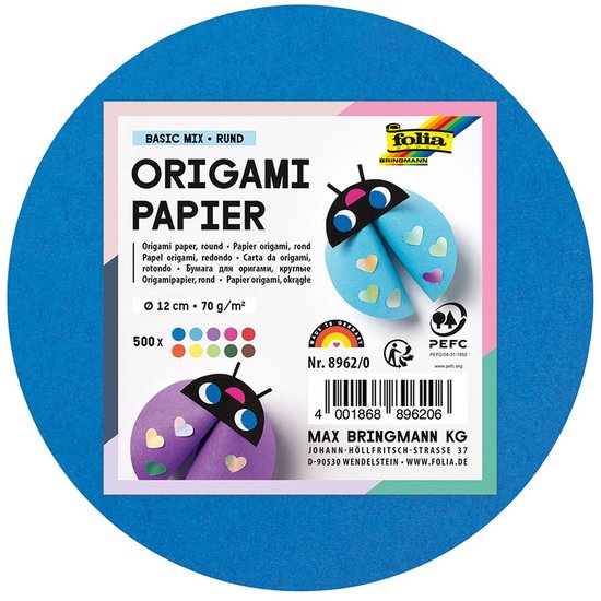 Pakje rond origami papier met afbeeldingen van een blauw en paars papieren lieveheersbeestje.