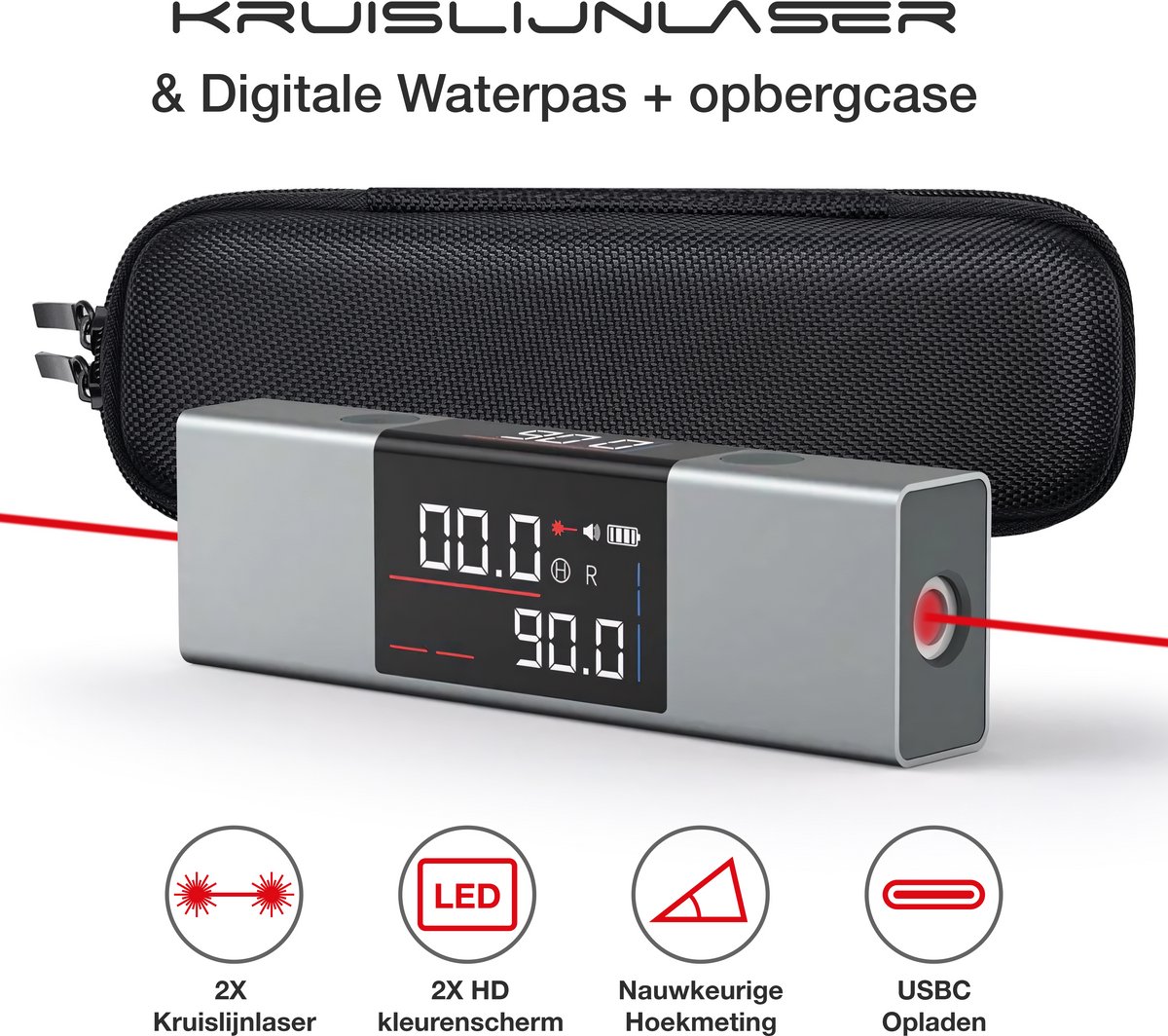 Atuman Duka LI1 Digitale laser waterpas met handige opberg case – Professioneel dubbele kruislijnlaser - Oplaadbare Laserprojectie instrument - Digitale hellingmeter - Precisie hoek meetgereedschap – Laser gradenboog