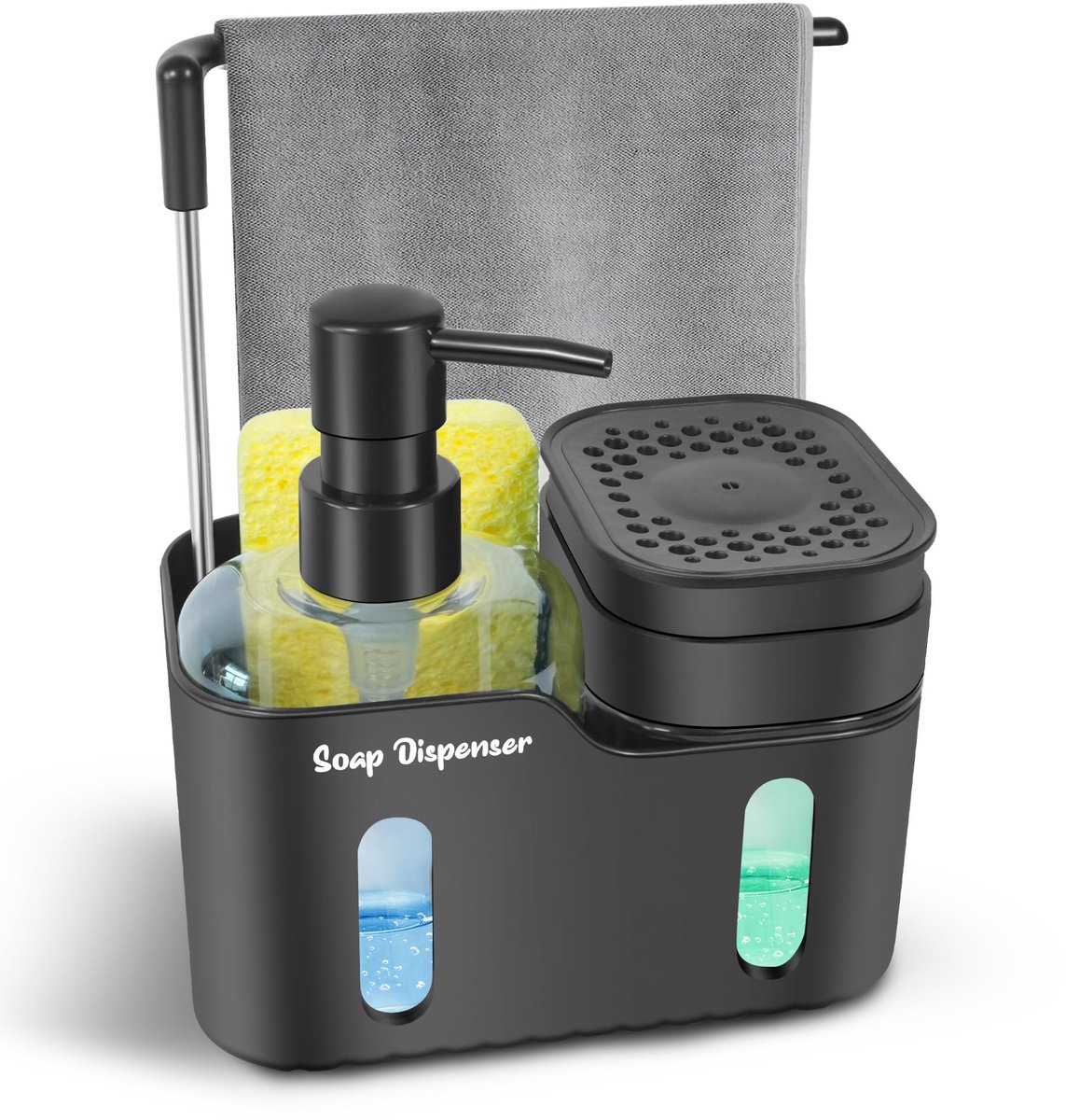 Ibenzoa® 4-in-1 Keukenorganizer met Zeepdispensers, Sponshouder en Theedoekhaak, Antislip en Afneembaar, Zwart