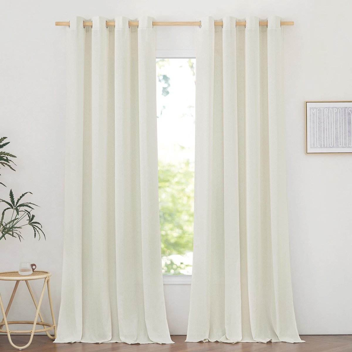 Ibenzoa Linnen gordijnen set van 2 voor woonkamer en slaapkamer in boho stijl, semi-transparant ivoorwit, 210 x 140 cm