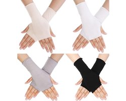 4 Paar - Zomerse Zonbeschermende Handschoenen - Vingerloze Handschoenen - UV-bescherming - Vingerloze Handschoenen voor Dames - Katoenen Handschoenen tot aan de pols - Zonwerende Handschoenen voor in de auto - Unisex - Roze, Lichtgrijs, Paars, Zwart