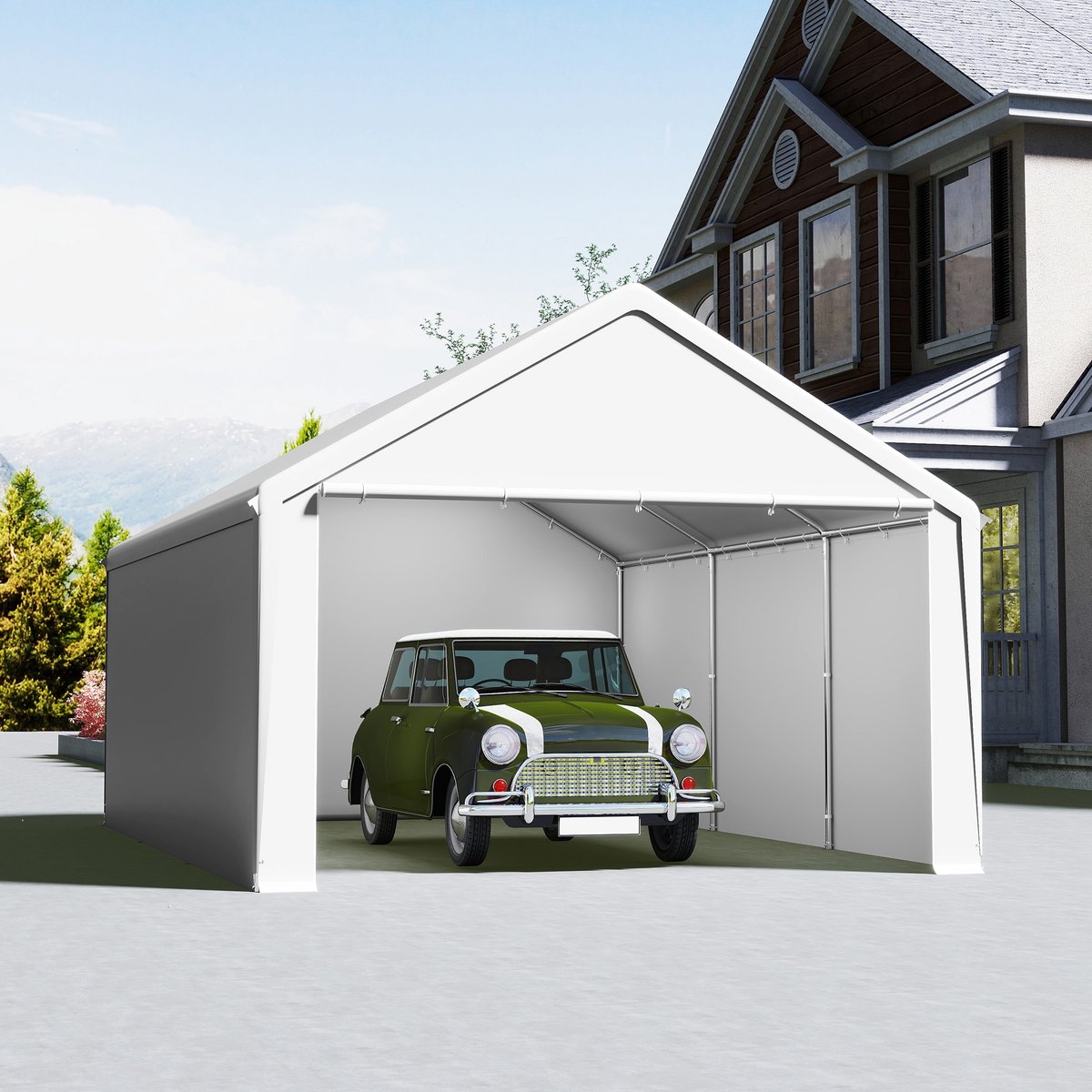 Aufun Tentgarage – grote carport – 4 x 6 m – wit – UV-bestendig – waterdicht – met oprolbaar raam – opslagtent