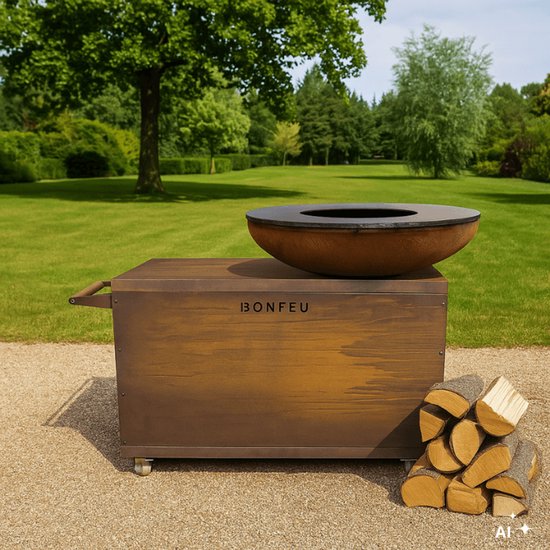 BonFeu BonBiza Island XL - Mobiele Buitenkeuken met Vuurschaal 100 cm en Plancha - Cortenstaal BBQ met Opbergruimte & Zwenkwielen - Outdoor Kookeiland 135x65x110 cm van BonFeu — afbeelding 3