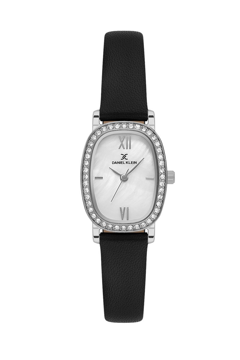 Daniel Klein DK.1.13943-1 - Horloge - Polshorloge - Analoog - Dames - Vrouwen - Leren band - Ovaal - Metaal - Romeinse Cijfers - Zwart- Briljant
