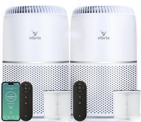 2 X Vibrix Vortex20 luchtreiniger + 2 afstandsbedieningen - CADR: 275m3/h. - 50 m² - Automatische stand + 6-in-1 HEPA filtersysteem - Luchtkwaliteitsindicator - Ionisator - Luchtfilter - Air purifier met HEPA-filter