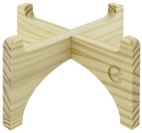 Lichtbruine houten standaard, kruisvormig met gebogen poten en ingekerfd 'e' logo.