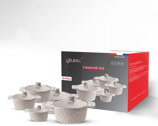 Ensemble de 10 cocottes de Luxe Leumx® – Revêtement antiadhésif en marbre – Compatible induction – Couvercle en Verres – Compatible induction, gaz, céramique et lave-vaisselle – Aluminium robuste – Dimensions : 20/24/26/28/32 cm