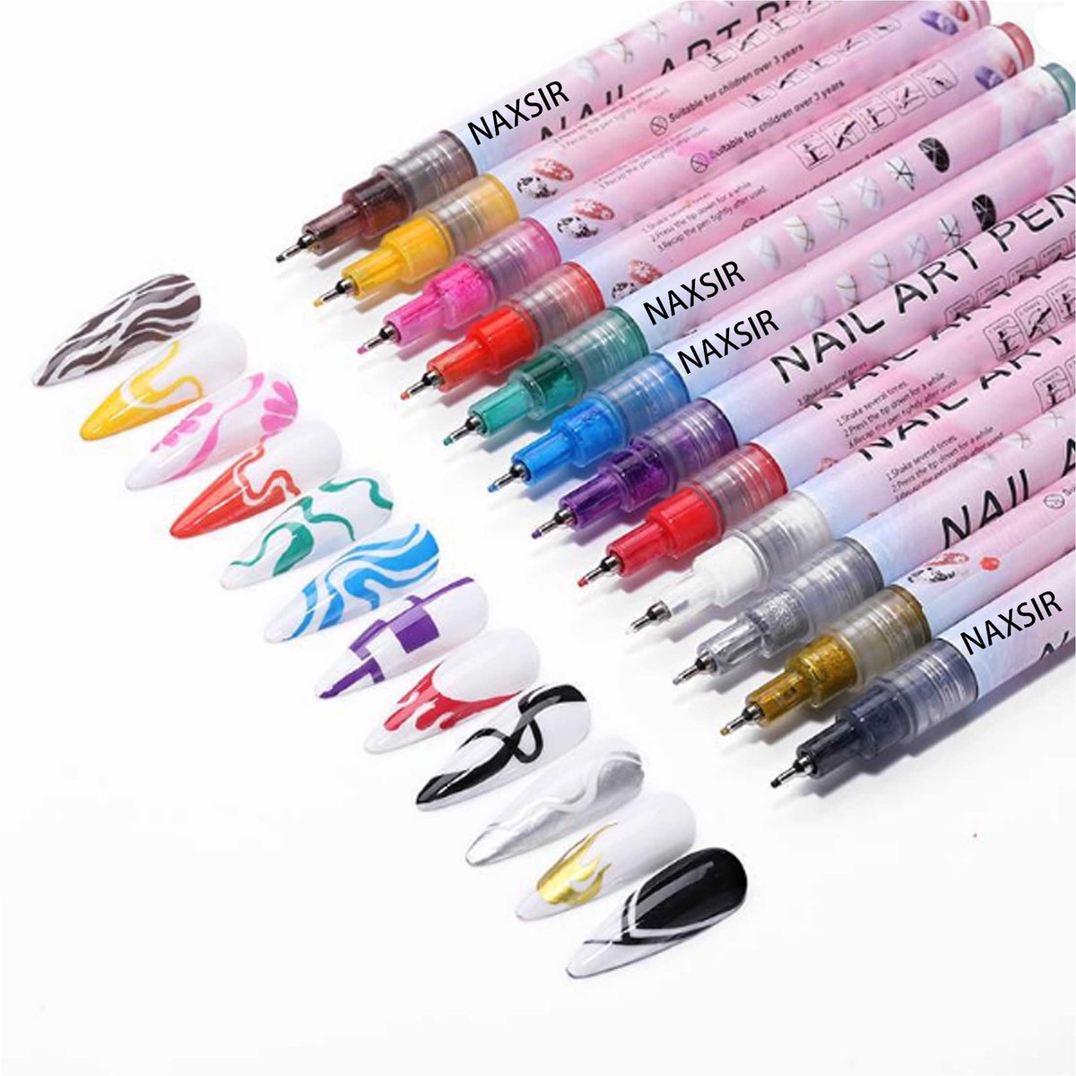 NAXSIR 12 Kleurige Nagellak Pennen met Ingebouwde Verf | Oplosbare Waterproof Designpennen voor Nail Art | Strepen/Vlammen/Geometrie Patronen | Fijne 0.5mm Punt voor Professioneel Resultaat