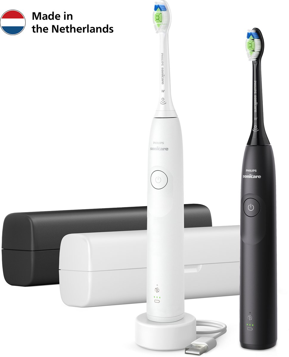 Afbeelding 2 van Philips Sonicare 5300 Series - Elektrische Tandenborstels - Wit & Zwart - Duopack- 2 reisetuis - Wittere tanden - HX7109/01