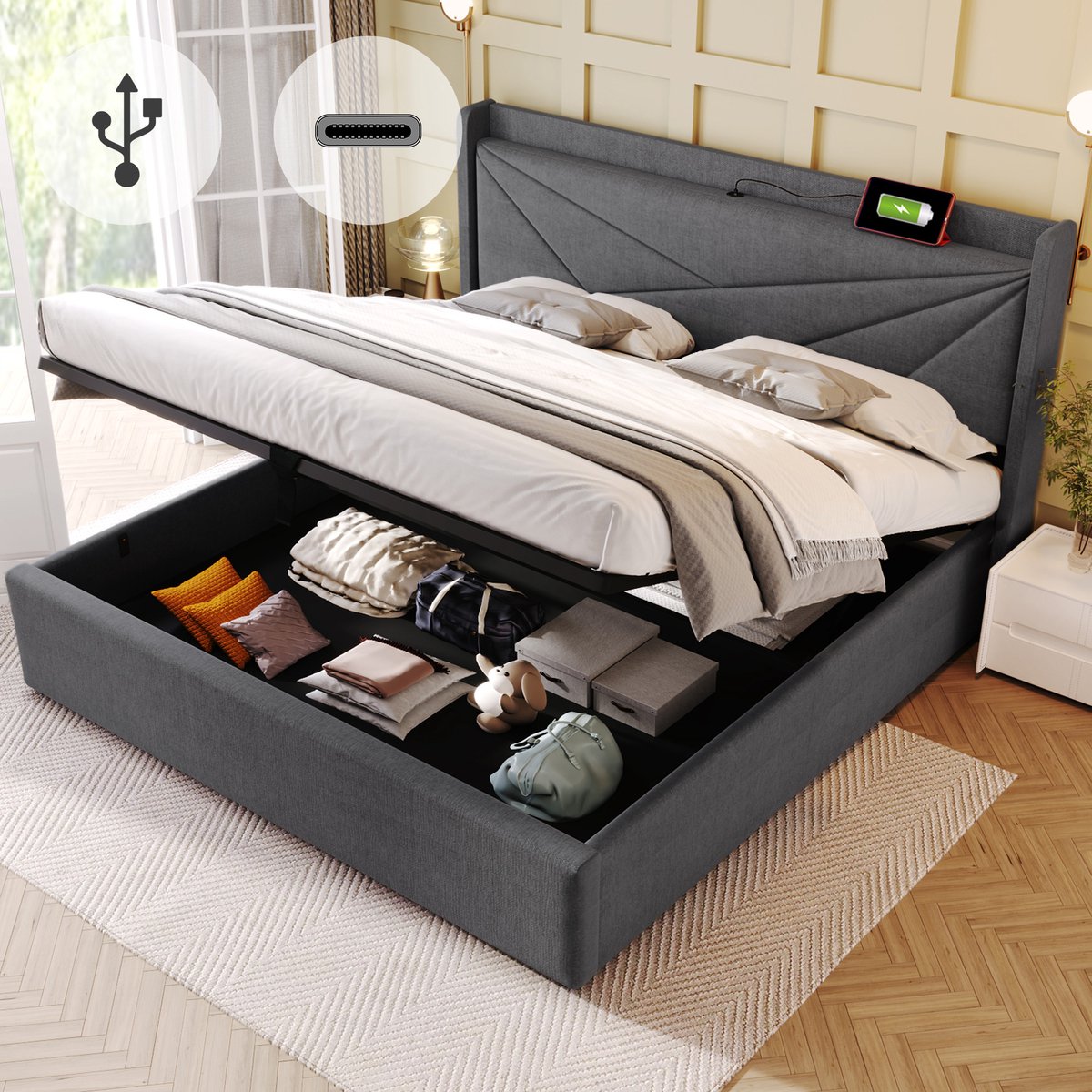 HAUSS SPOLE Tweepersoonsbedden 160x200 cm - Gestoffeerd Bed Met Opbergruimte En USB Oplaadfunctie - Katoen - Grijs