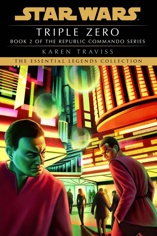 Boekomslag van Star Wars: Triple Zero met twee mannen op de voorgrond en een futuristische stad op de achtergrond.