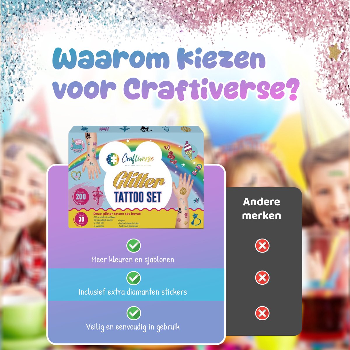 Craftiverse - Glitter Tattoo Set Compleet - 212 Sjablonen - 30 kleuren - Biologisch Afbreekbare Glitters - Schmink Sjablonen - Knutselpakket - Knutselen voor Kinderen - Huidlijm Voor Glitters - Kinderen - Jongens en Meisjes - Inclusief Handleiding — afbeelding 12