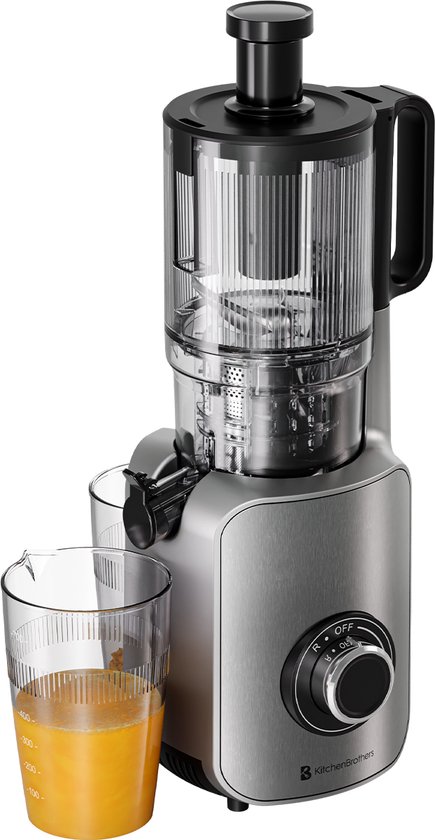KitchenBrothers Slowjuicer - Sapcentrifuge - XXL Vulopening - Verticaal - Juicer - Groenten en Fruitpers - 126 mm - 750 ml - Grijs