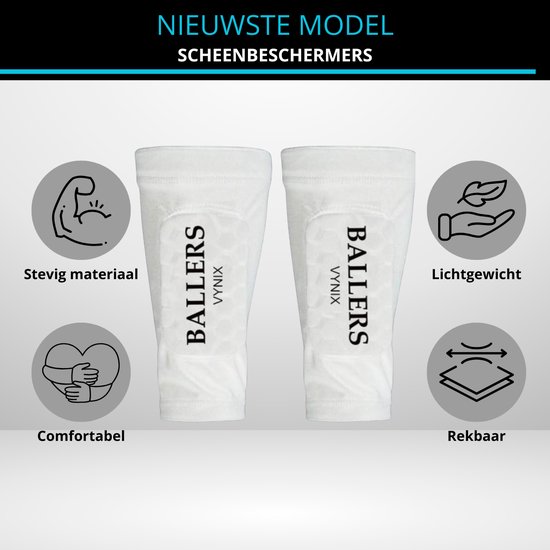 Witte Vynix Ballers scheenbeschermers met iconen voor stevig materiaal, comfort, lichtgewicht en rekbaar.