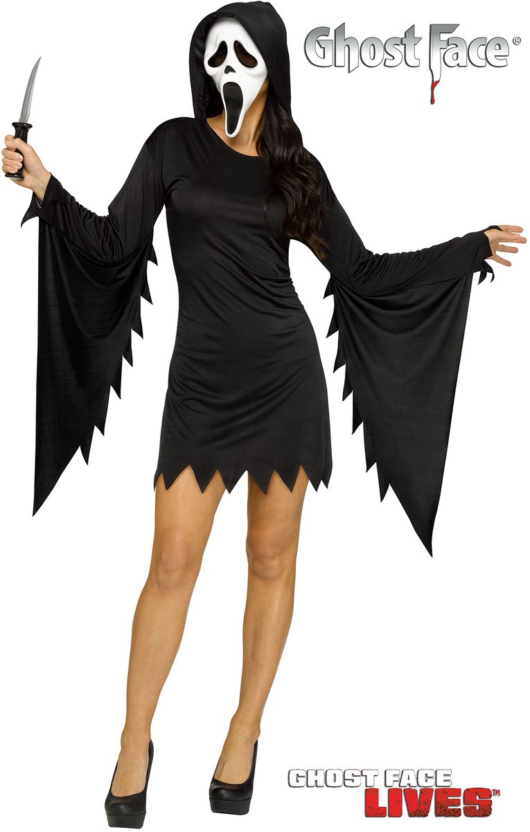 Fun World Ghostface Kostuum Dames Scream Masker Verkleedjurk met Capuchon en Masker Scream Kostuum Verkleedkleren Volwassenen Halloween Kostuum Volwassenen Halloween Kostuum Dames - Officiële Licentie - 2-Delig Jurk met Capuchon/Masker - Maat S/M