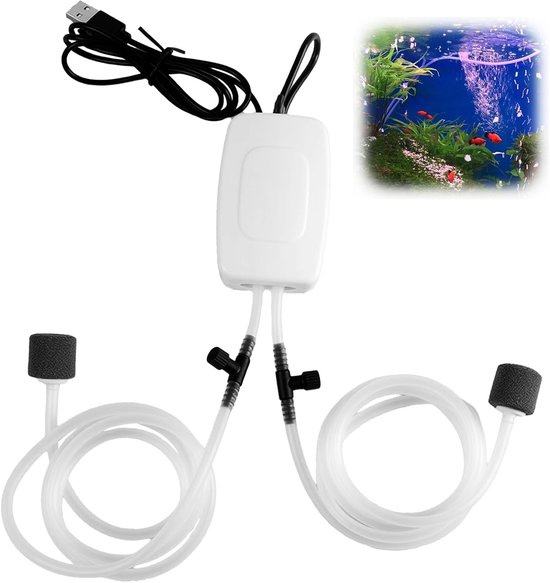 Zuurstofpomp aquarium - Mini-zuurstofpomp - Aquarium Pomp - 1W - 1.8l/min - Aquariumfilter - Luchtpomp - Luchtpompen - Waterpomp - Waterpompen - Aquarium filter pomp - USB-aquariumluchtpomp - Met dubbele luchtsteen en slang - Wit