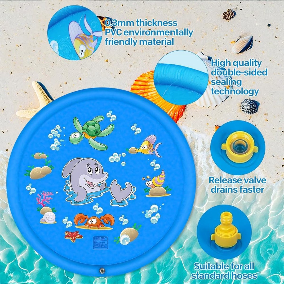 170 cm extra grote ronde dolfijn sproeier en water speelmat—verdikte antislip water sproeier mat opblaasbaar water speelgoed,—cadeau voor kinderen en honden,—zomer tuin buiten spelen (blauw) – foto 3