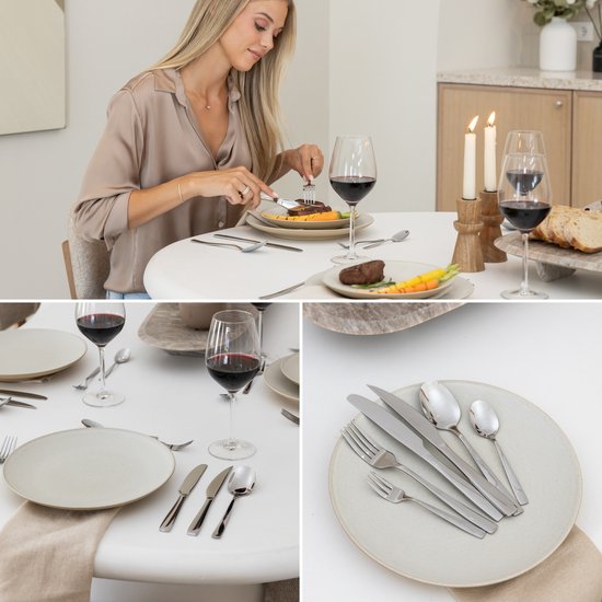 Ménagère Deleca Essential pour 12 personnes (72 pièces) - Cuillères, Couteaux, Fourchettes, Couteaux à steak et fourchettes à pâtisserie - Passe au lave-vaisselle - Argent brillant / Acier inoxydable