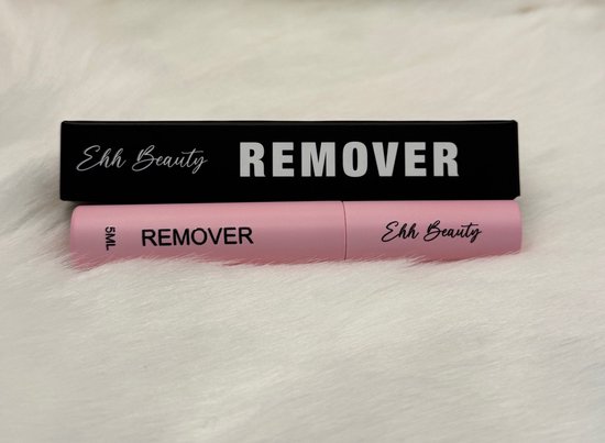 Roze removerfles met zwarte verpakking. De fles heeft 'REMOVER' en 'Ehh Beauty' erop.