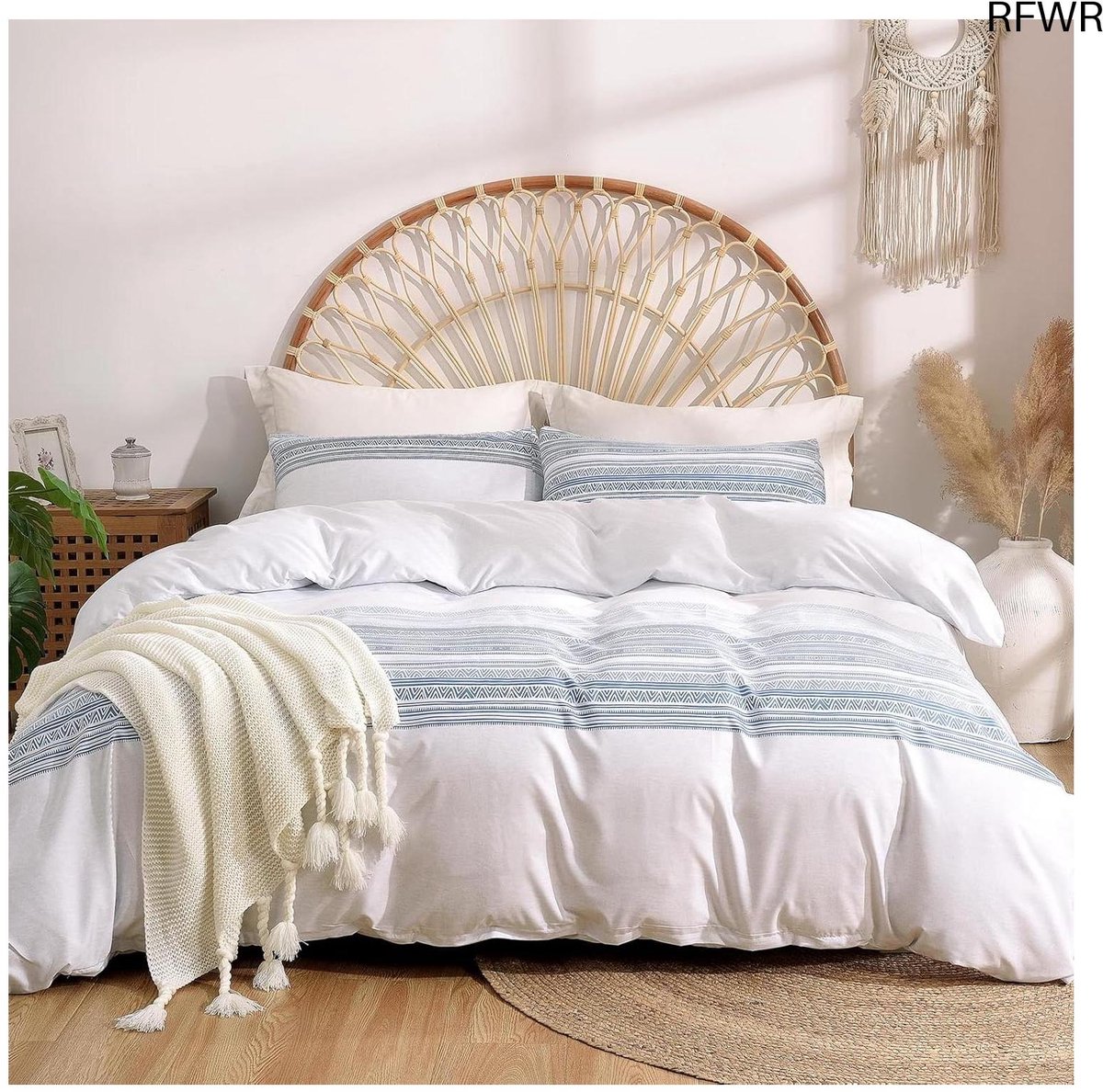 RFWR Dekbedset Boho Stijl 240x220cm met Kussenslopen 50x75cm - 3 Delig Microvezel Blauwe Strepen