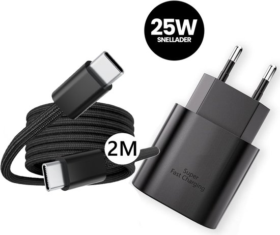 Zwarte 25W snellader en 2 meter lange gevlochten USB-C kabel.