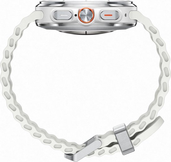 Zijkant van de Samsung Galaxy Watch Ultra met oranje knop en witte band.