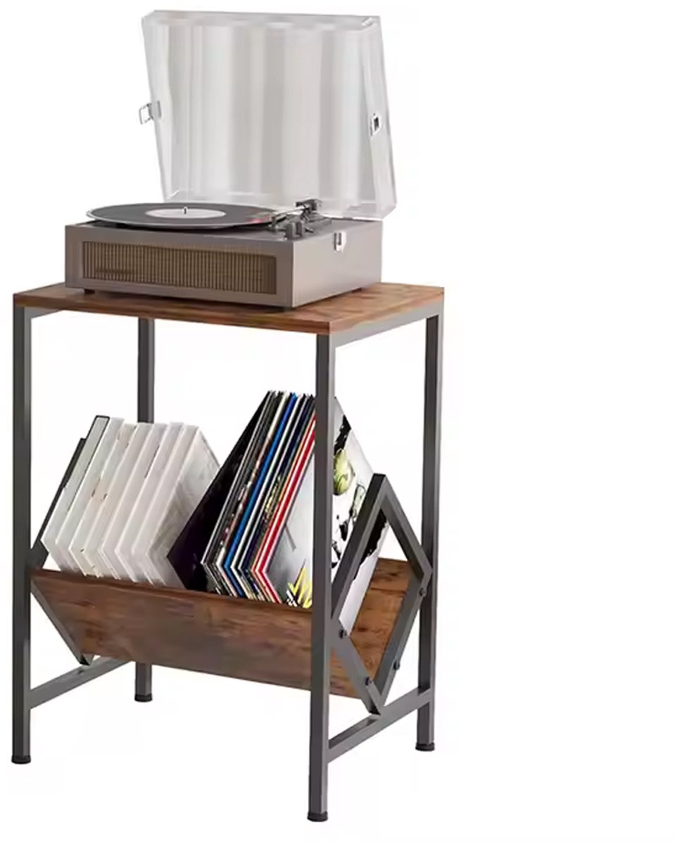 SERALUXE, Platenspeler Meubel voor 100+ Platen – Vinyl Kast voor LP's – Platenkast Metaal & Hout – Vinyl Meubel – LP Rek Vintage Bruin/Zwart Platenspeler - Platenstandaard - Platenhouder