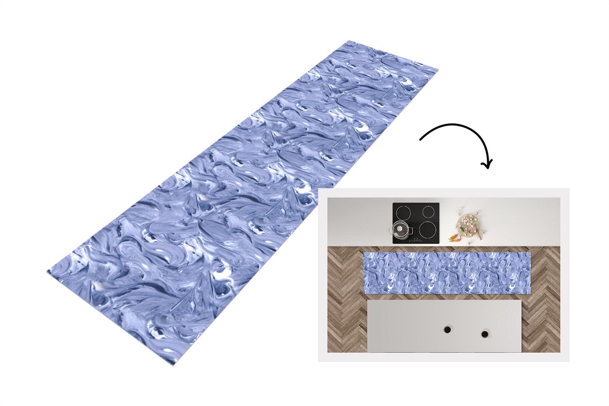 KitchenYeah Keukenloper 200x50 cm - Keukenmat vinyl Blauw - Verf - Marmer print - Patronen - Keukenmatten loper - Keuken vloerkleed tapijt