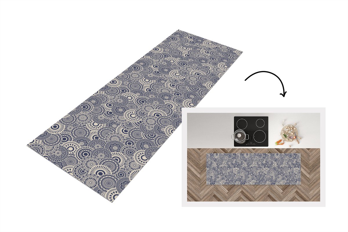 KitchenYeah Keukenloper 180x60 cm - Keukenmat vinyl Mandala - Blauw - Patroon - Keukenmatten loper - Keuken vloerkleed tapijt