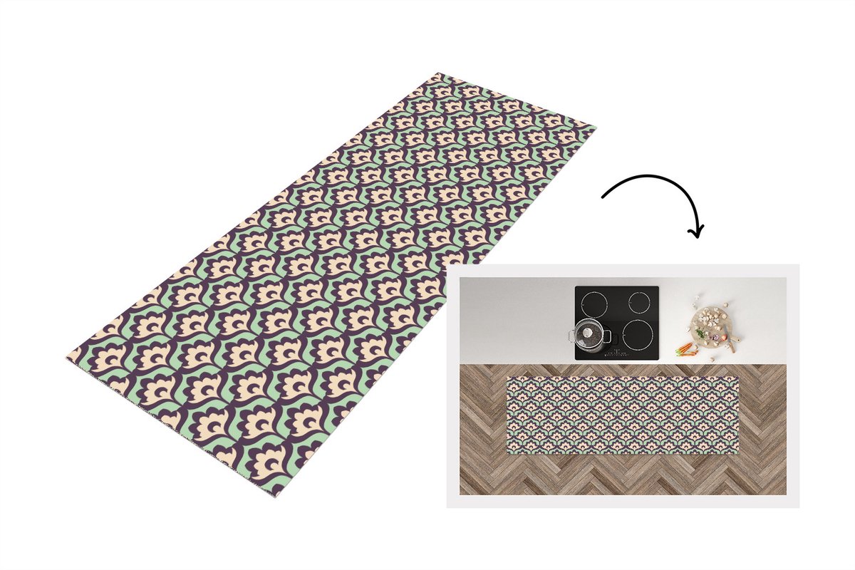 KitchenYeah Keukenloper 150x50 cm - Keukenmat vinyl Patroon - Retro - Bloemen - Keukenmatten loper - Keuken vloerkleed tapijt
