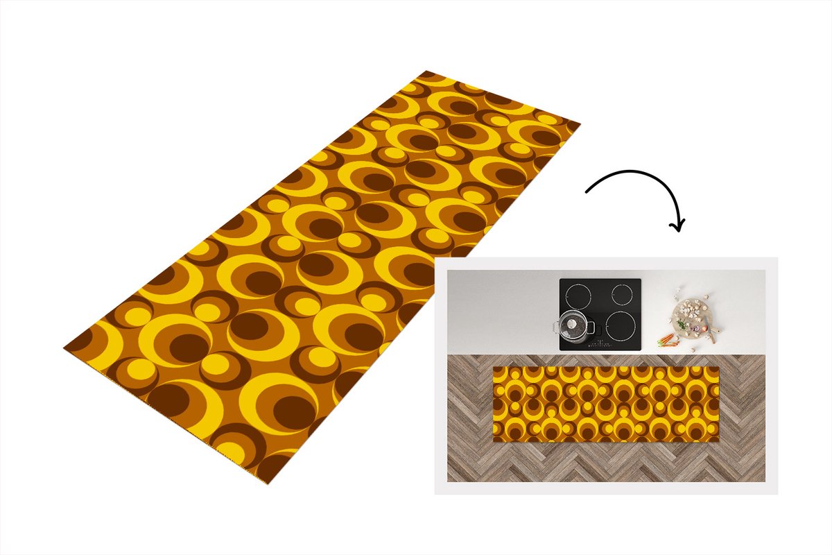 KitchenYeah Keukenloper 180x60 cm - Keukenmat vinyl Patronen - Retro - Bruin - Geel - Keukenmatten loper - Keuken vloerkleed tapijt