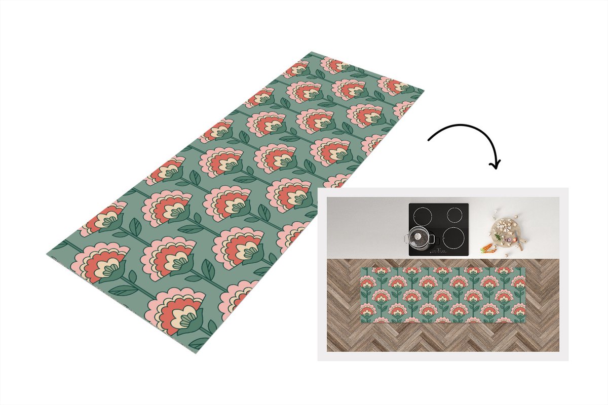 KitchenYeah Keukenloper 180x60 cm - Keukenmat vinyl Bloemen - Retro - Patronen - Keukenmatten loper - Keuken vloerkleed tapijt