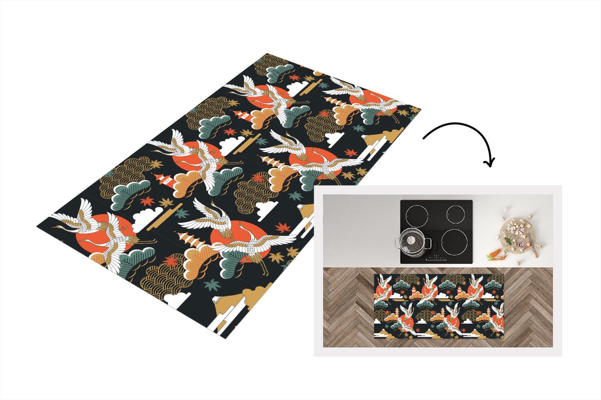 KitchenYeah Keukenloper 120x60 cm - Keukenmat vinyl Kraanvogel - Wolken - Japan - Patroon - Keukenmatten loper - Keuken vloerkleed tapijt